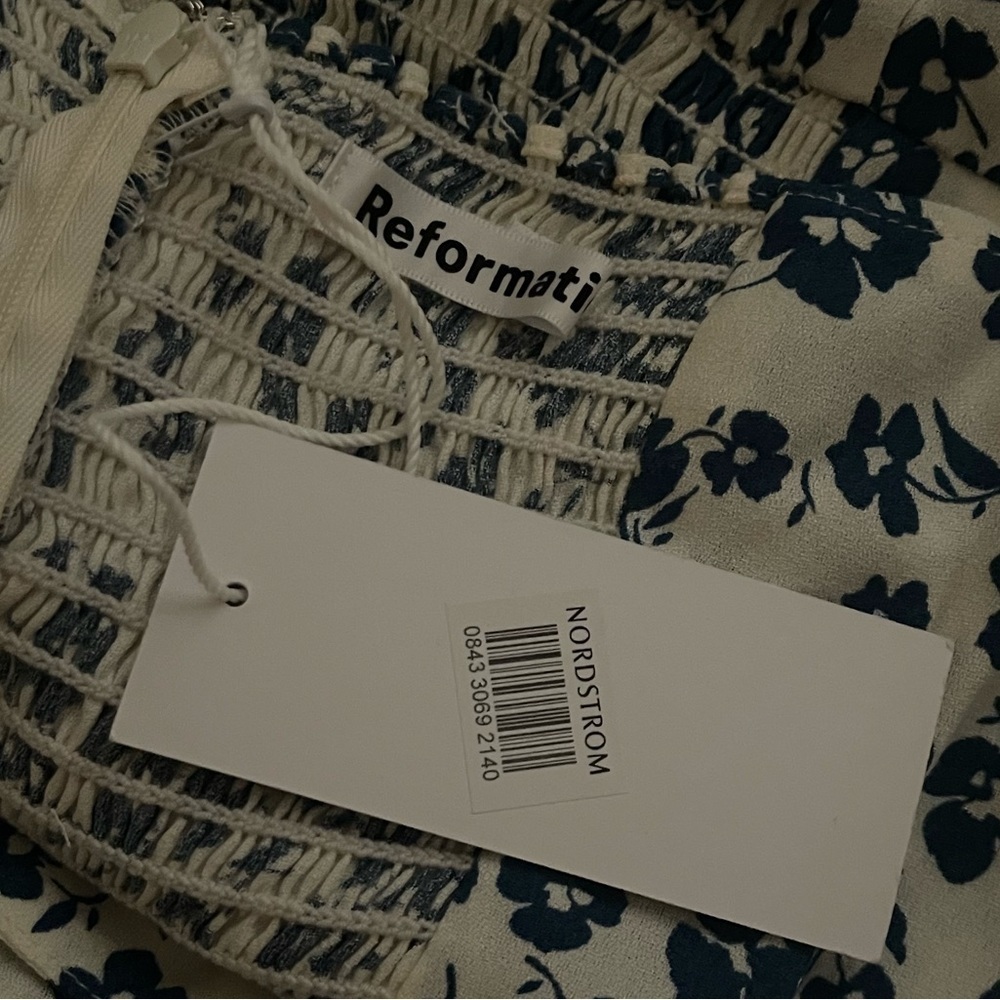 REFORMATION Sigmund Milonesa Blue White Floral Long Sleeve Slit Midi Dress Sz 24 - Picture 14 of 15